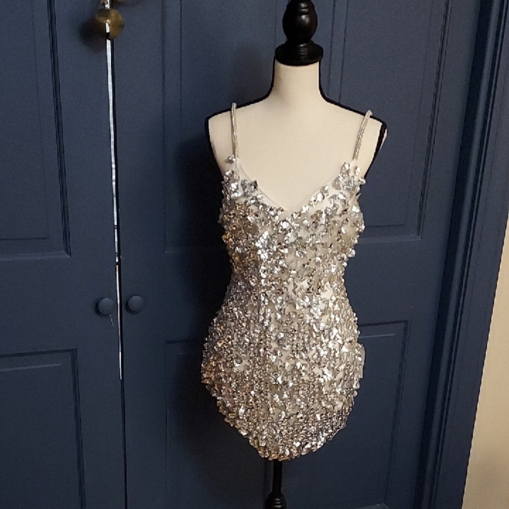 NWT ASOS Silver sequin micro mini dress low back/backless rhinestone straps sz 4
